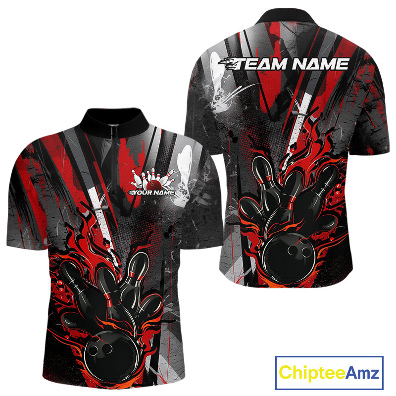 Custom Grunge Black And Red Fire Flame Bowling Quarter-Zip Shirts For Men, Bowling Team Uniform IPHW9555
