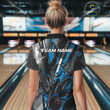 Load image into Gallery viewer, Custom Grunge Black And Blue Fire Flame Bowling Women Polo Shirt, Bowling Team Uniform IPHW9556
