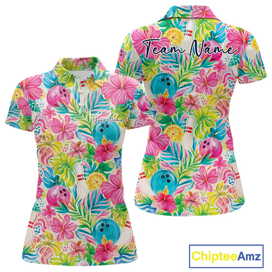Custom Summer Tropical Flower Bowling Team Women Polo Shirts, Floral Bowling Shirt IPHW11689