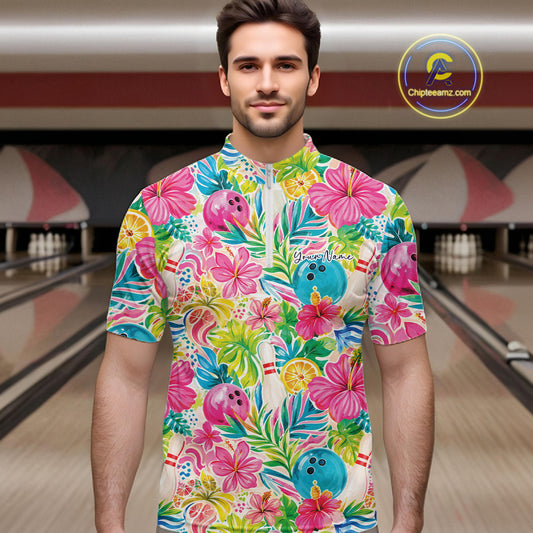 Custom Summer Tropical Flower Bowling Team Men Quarter Zip Shirts, Floral Bowling Shirt IPHW11689
