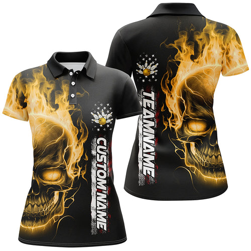 Flame Skull American Flag Custom Team Bowling Shirts For Women, Patriotic Bowling Shirt IPHW5154