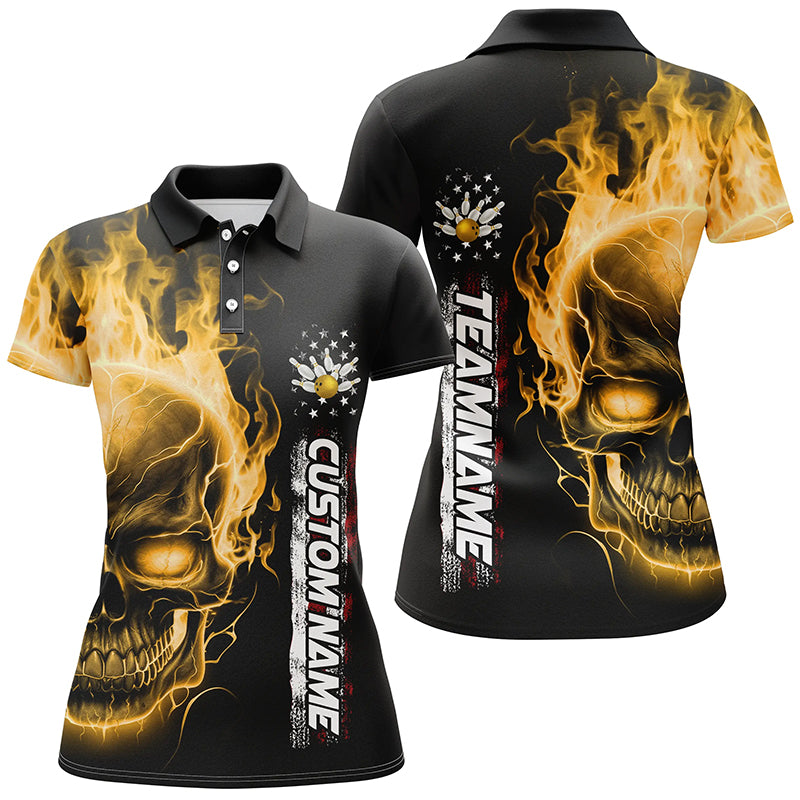 Flame Skull American Flag Custom Team Bowling Shirts For Women, Patriotic Bowling Shirt IPHW5154