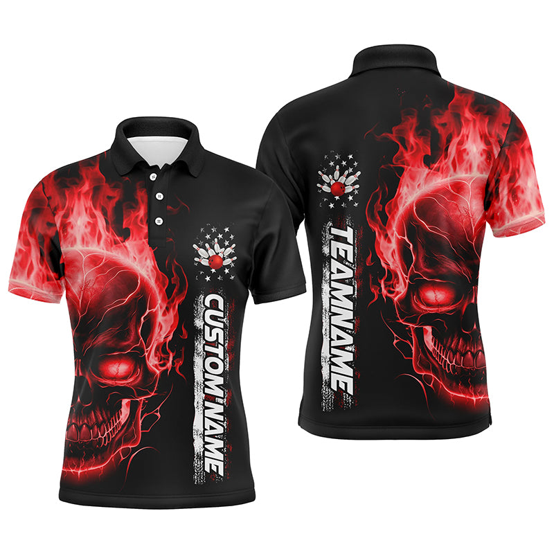 Flame Skull American Flag Custom Team Bowling Shirts For Men, Patriotic Bowling Shirt IPHW5155