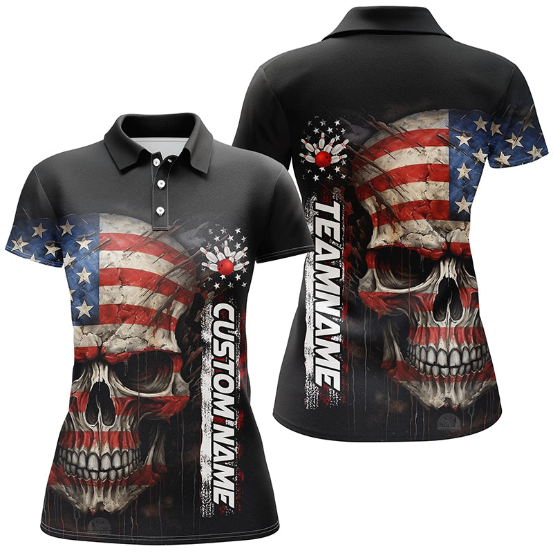 Personalized Skull Bowling Shirt For Women Custom American Flag Bowler Jersey IPHW5158