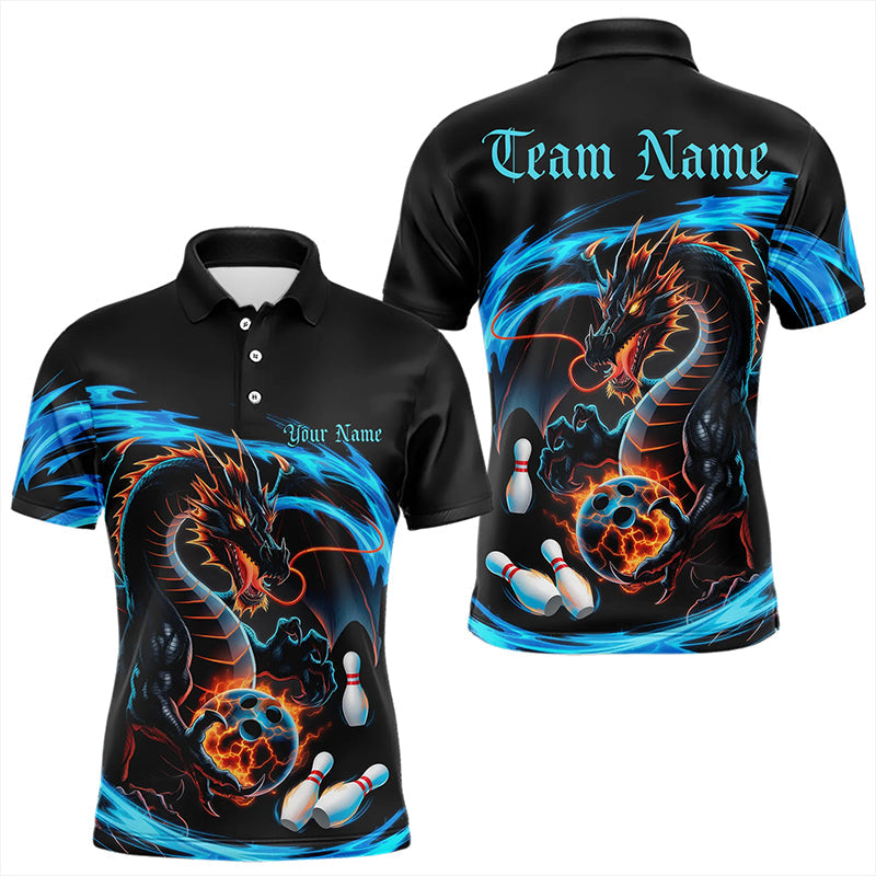 Custom Blue Flame Dragon Bowling Polo Shirts For Men, Dragon Bowling Team Jerseys IPHW8254