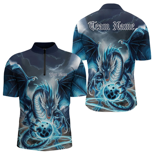 Blue Thunder Lightning Custom Dragon Bowling Quarter-Zip Shirts For Men, Bowling Team Uniform IPHW8255