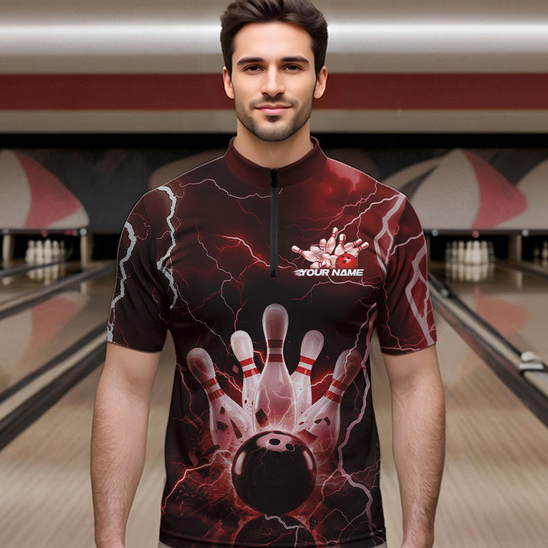 Custom Black And Red Thunder Lightning Bowling Quarter-Zip Team Shirts For Men, Bowling Jerseys IPHW8514