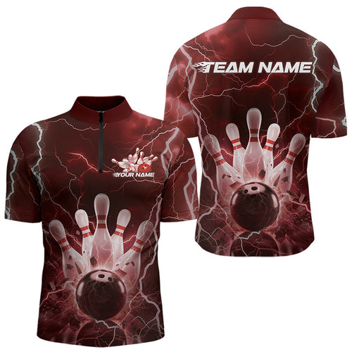 Custom Black And Red Thunder Lightning Bowling Quarter-Zip Team Shirts For Men, Bowling Jerseys IPHW8514