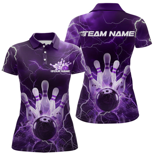Custom Black And Purple Thunder Lightning Bowling Polo Shirts For Women, Bowling Jerseys IPHW8515