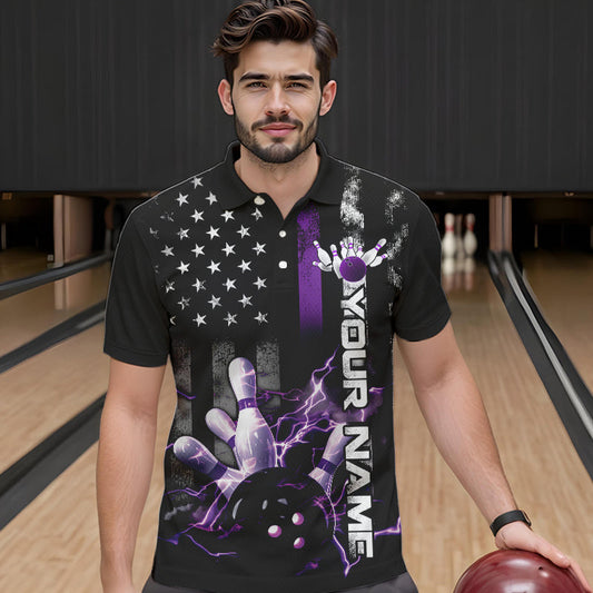 Custom Black And Purple Thin Line American Flag Patriotic US Bowling Team Polo Shirts For Men IPHW8517