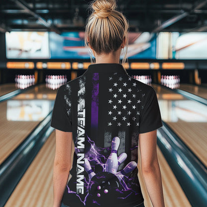 Custom Black And Purple Thin Line American Flag US Bowling Womens Quarter-Zip Shirts IPHW8517