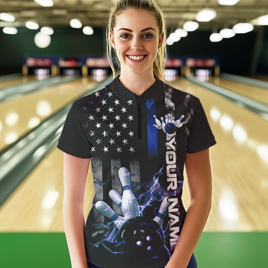 Custom Black And Blue Thin Line American Flag US Bowling Team Quarter-Zip Shirts For Women IPHW8518
