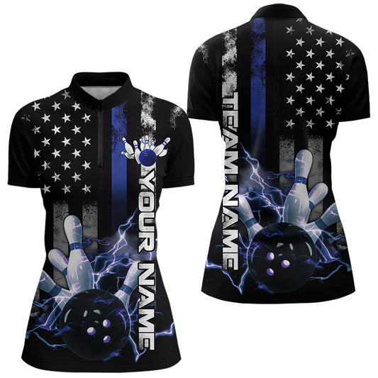 Custom Black And Blue Thin Line American Flag US Bowling Team Quarter-Zip Shirts For Women IPHW8518