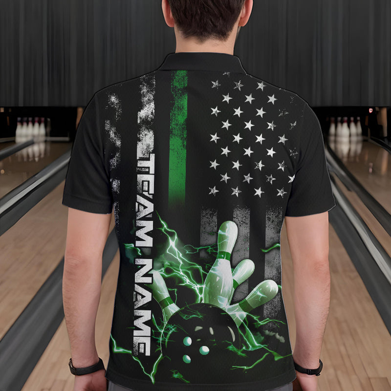 Custom Black And Green Thin Line American Flag Patriotic US Bowling Team Polo Shirts For Men IPHW8519