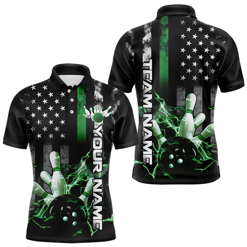 Custom Black And Green Thin Line American Flag Patriotic US Bowling Team Polo Shirts For Men IPHW8519