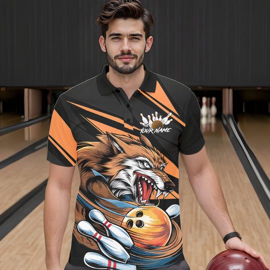 Custom Black And Orange Wolf Bowling Team Polo Shirts For Men, Wolf Bowling Jerseys IPHW8713