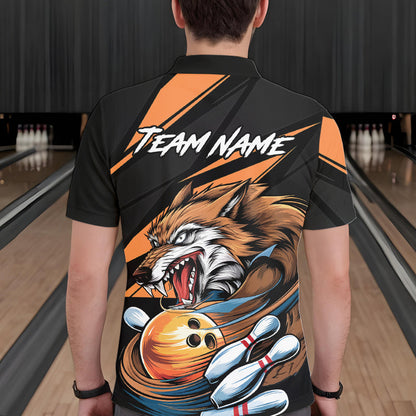 Custom Black And Orange Wolf Bowling Team Polo Shirts For Men, Wolf Bowling Jerseys IPHW8713