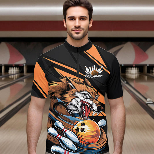 Custom Black And Orange Wolf Bowling Team Quarter-Zip Shirts For Men, Wolf Bowling Jerseys IPHW8713