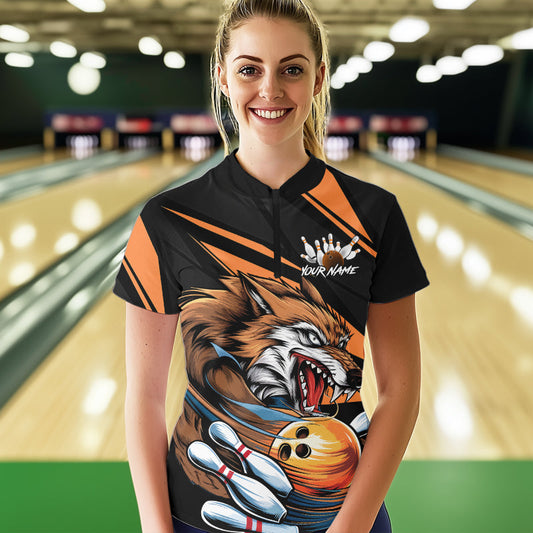 Custom Black And Orange Wolf Bowling Team Quarter-Zip Shirt For Women, Wolf Bowling Jerseys IPHW8713
