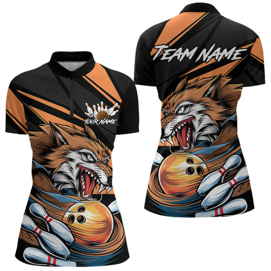 Custom Black And Orange Wolf Bowling Team Quarter-Zip Shirt For Women, Wolf Bowling Jerseys IPHW8713