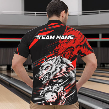 Custom Black And Red Wolf Bowling Men Quarter-Zip Shirts, Wolf Bowling League Shirt Team Uniform IPHW8714