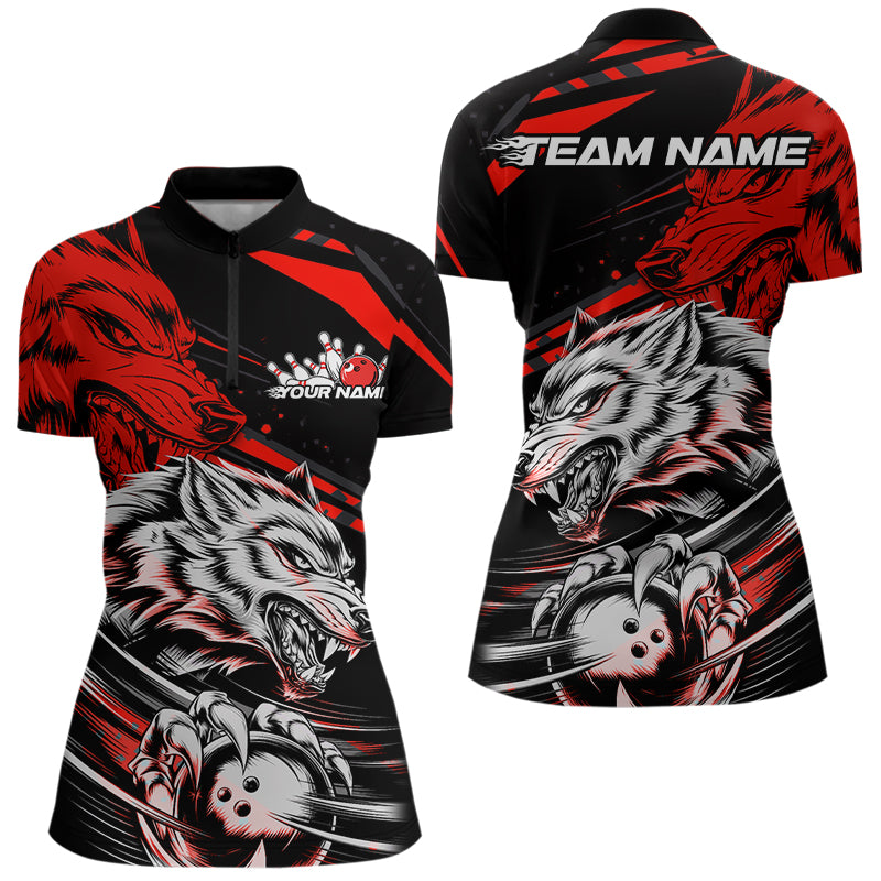 Custom Black And Red Wolf Bowling Women Quarter-Zip Shirts, Wolf Bowling League Team Shirt IPHW8714