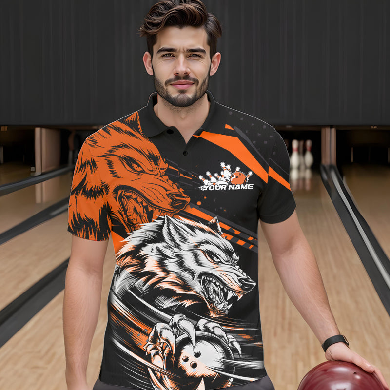 Custom Black And Orange Wolf Bowling Men Polo Shirts, Wolf Bowling League Shirt Team Uniform IPHW8715