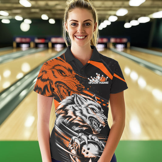 Custom Black And Orange Wolf Bowling Women Polo Shirts, Wolf Bowling League Team Shirt IPHW8715