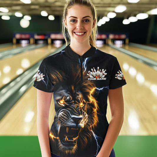 Custom Blue Thunder Lightning Lion Bowling Women Quarter-Zip Shirts, Bowling League Shirt IPHW8986