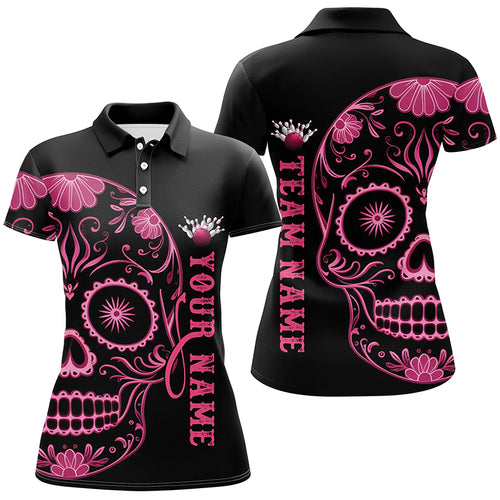 Pink Sugar Skull Tattoo Custom Ladies Team Bowling Polo Shirts, Halloween Team Bowling Jerseys IPHW6712