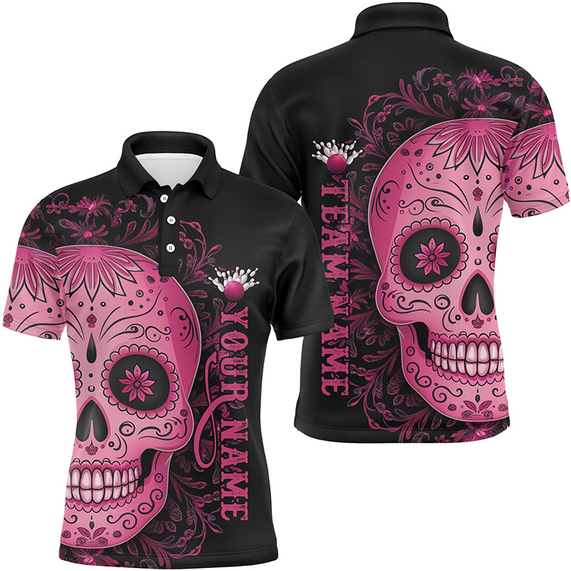Pink Sugar Skull Tattoo Custom Unisex Team Bowling Polo Shirts, Halloween Team Bowling Jerseys IPHW6713