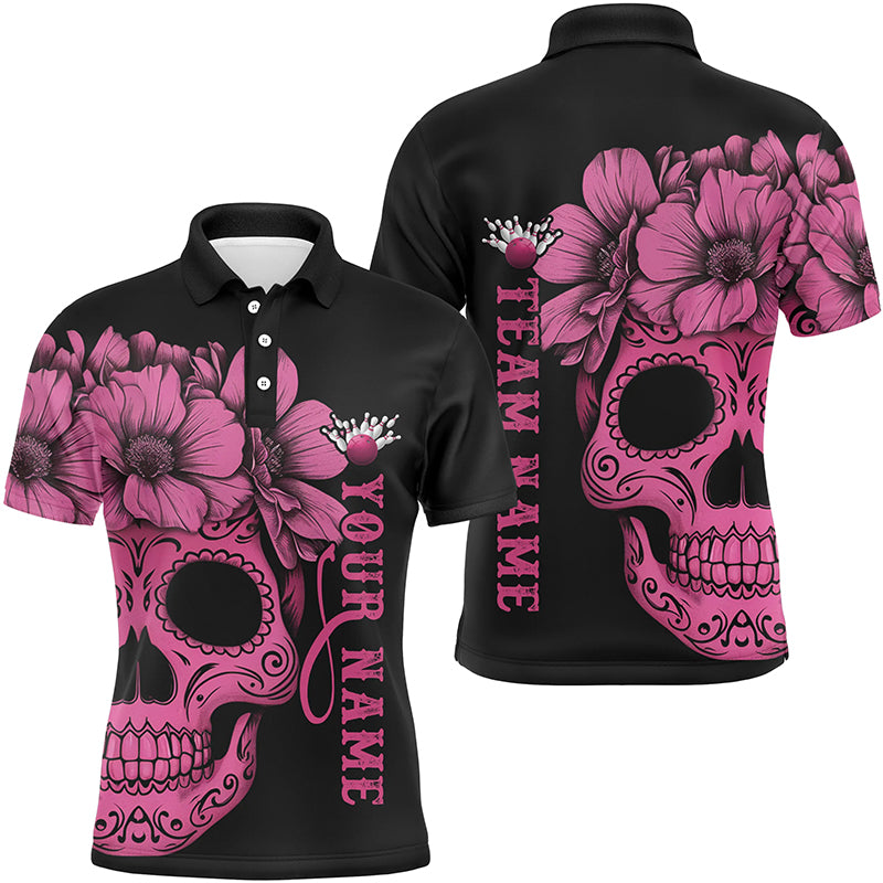 Pink Sugar Skull Tattoo Custom Unisex Team Bowling Polo Shirts, Halloween Team Bowling Jerseys IPHW6714