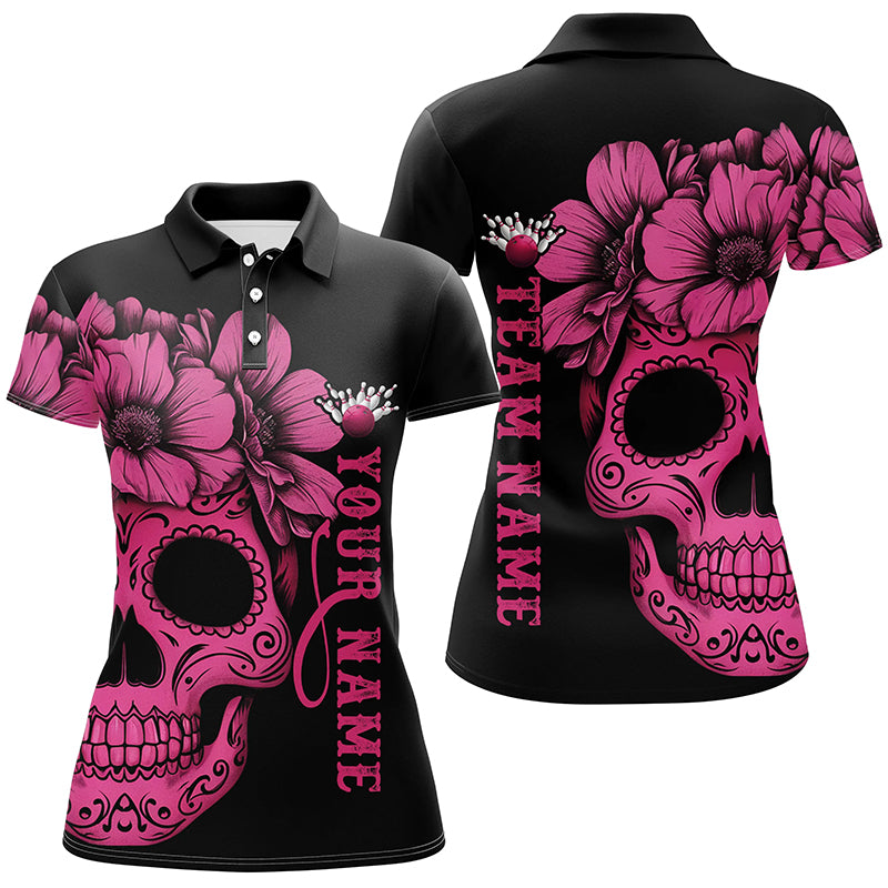 Pink Sugar Skull Tattoo Custom Ladies Team Bowling Polo Shirts, Halloween Team Bowling Jerseys IPHW6714