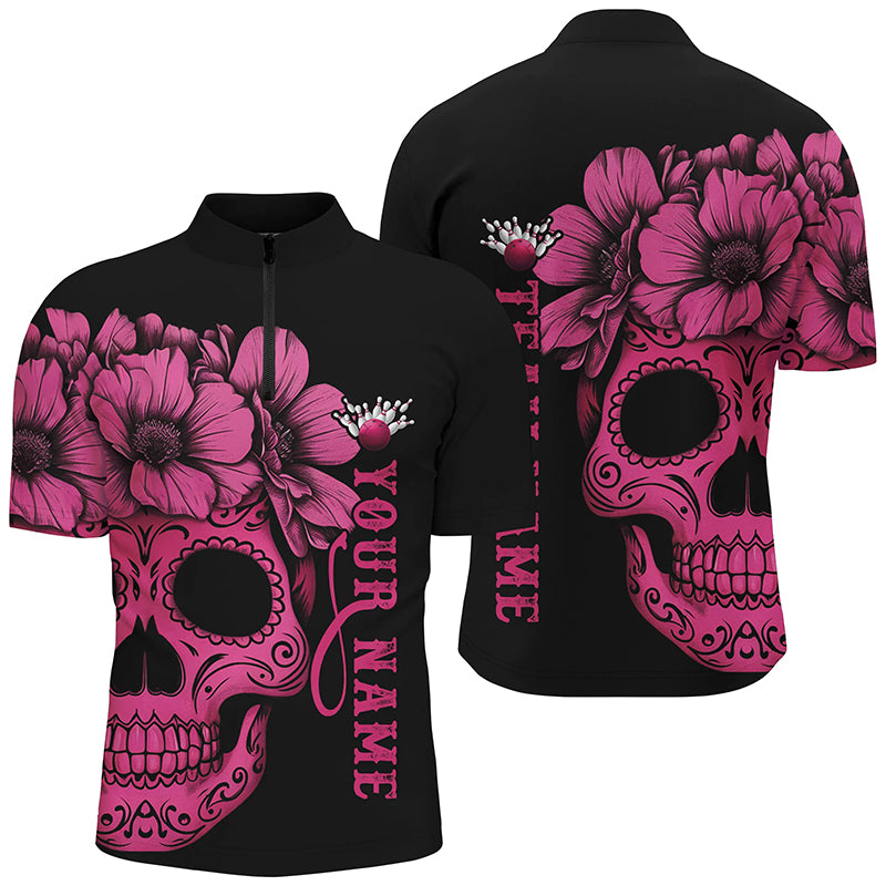 Pink Sugar Skull Tattoo Custom Unisex Team Bowling Polo Shirts, Halloween Team Bowling Jerseys IPHW6714