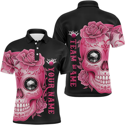 Pink Sugar Skull Tattoo Custom Unisex Team Bowling Polo Shirts, Halloween Team Bowling Jerseys IPHW6715