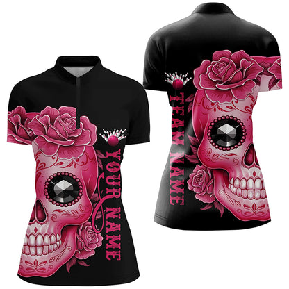 Pink Sugar Skull Tattoo Custom Ladies Team Bowling Polo Shirts, Halloween Team Bowling Jerseys IPHW6715