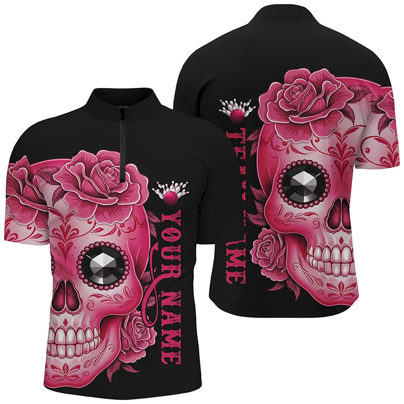 Pink Sugar Skull Tattoo Custom Unisex Team Bowling Polo Shirts, Halloween Team Bowling Jerseys IPHW6715