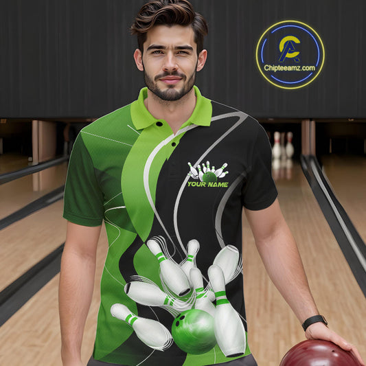 Custom Black And Green Bowling Jerseys, Men Bowling Polo Shirt Team Uniform IPHW9225