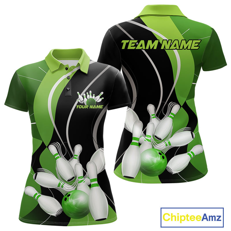 Custom Black And Green Bowling Jerseys, Women Bowling Polo Shirt Team Uniform IPHW9225