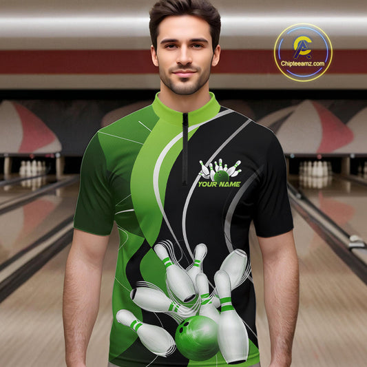 Custom Black And Green Bowling Jerseys, Men Bowling Quarter-Zip Shirt Team Uniform IPHW9225