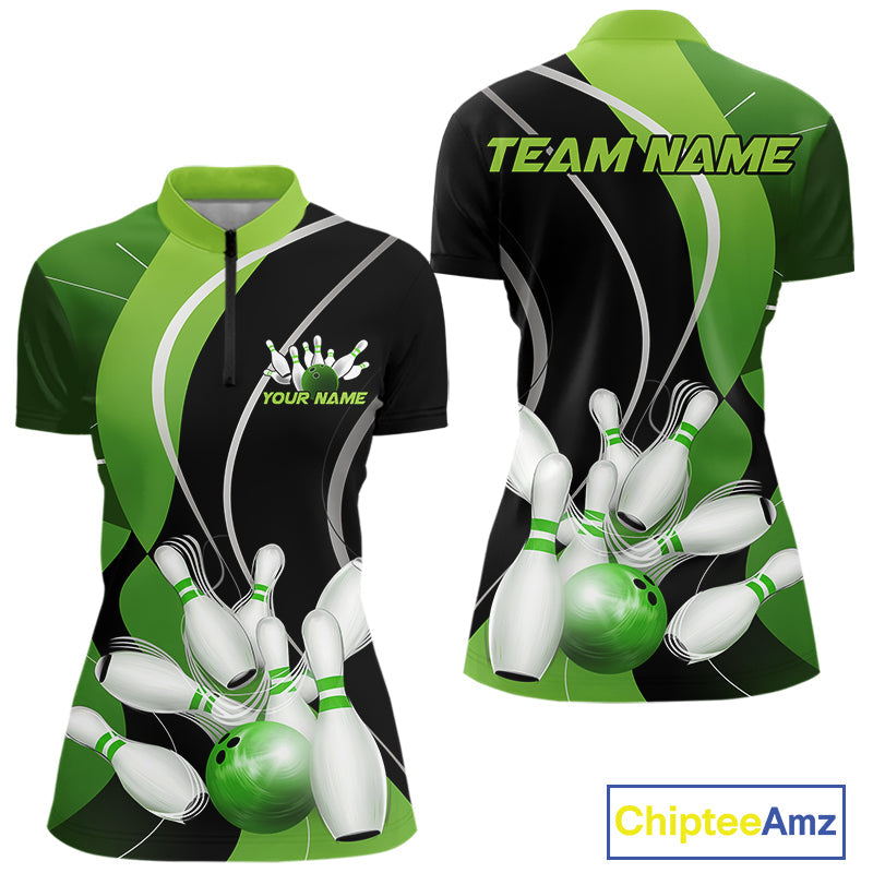 Custom Black And Green Bowling Jerseys, Women Bowling Quarter-Zip Shirt Team Uniform IPHW9225