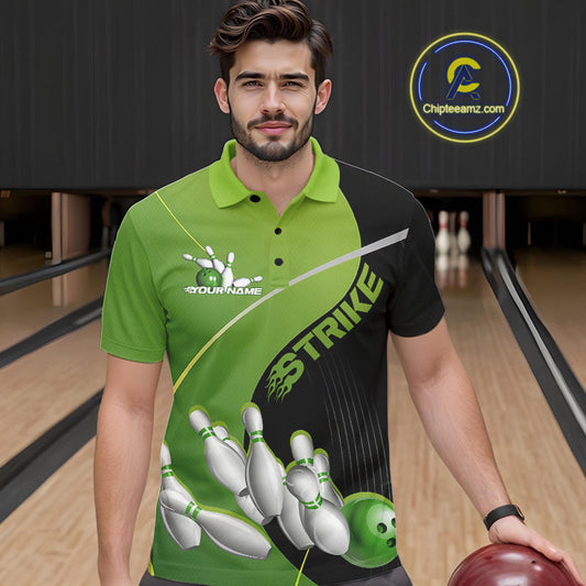 Custom Black And Green Strike Bowling Polo Shirts For Men, Bowler Outfit Team Jerseys IPHW9228