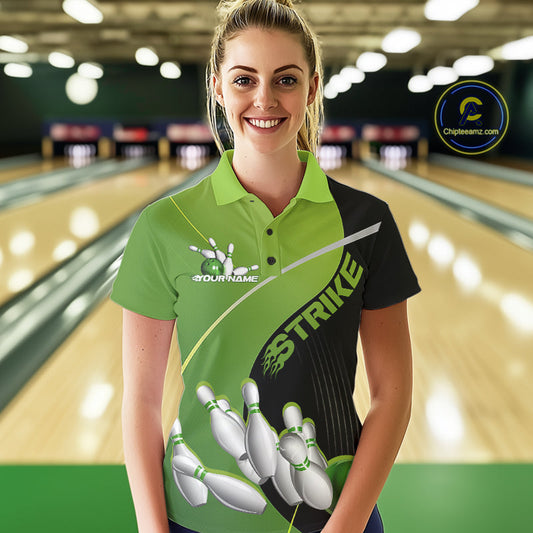 Custom Black And Green Strike Bowling Polo Shirts For Women, Bowler Outfit Team Jerseys IPHW9228
