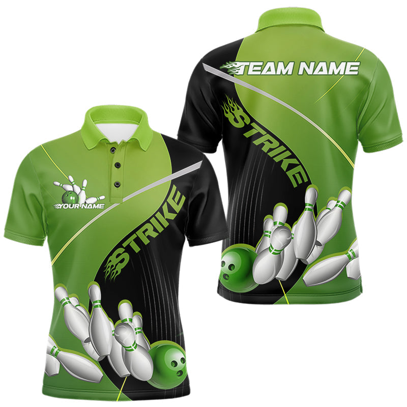 Custom Black And Green Strike Bowling Polo Shirts For Men, Bowler Outfit Team Jerseys IPHW9228