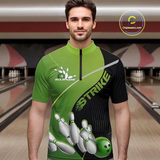 Custom Black And Green Strike Bowling Quarter-Zip Shirts For Men, Bowler Outfit Team Jerseys IPHW9228