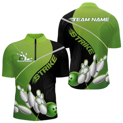 Custom Black And Green Strike Bowling Quarter-Zip Shirts For Men, Bowler Outfit Team Jerseys IPHW9228