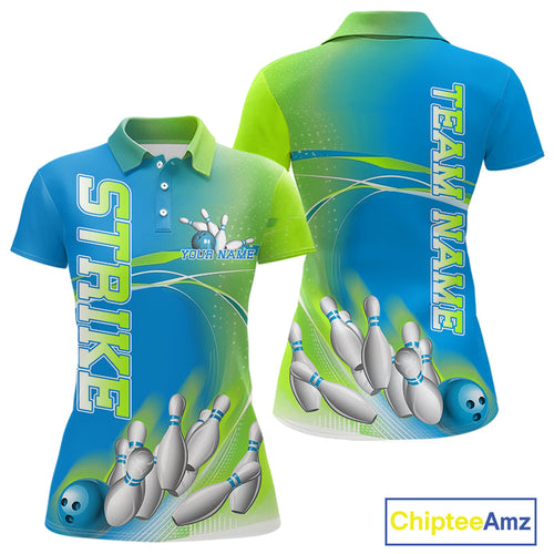 Custom Blue And Green Strike Bowling Polo Shirts For Women, Strike Bowling Team Jersey IPHW9234