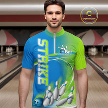 Load image into Gallery viewer, Custom Blue And Green Strike Bowling Quarter-Zip Shirts For Men, Strike Bowling Team Jersey IPHW9234