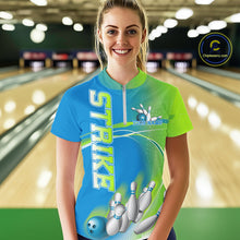 Load image into Gallery viewer, Custom Blue And Green Strike Bowling Quarter-Zip Shirts For Women, Bowling Team Jersey IPHW9234