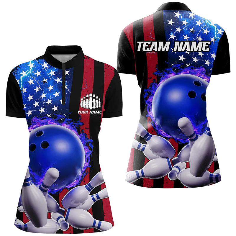 American Flag Thunder Lightning Flame Bowling Ball Custom Women Bowling Team Shirts IPHW6718